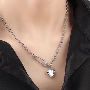 💎New Sterling Silver Pin & Heart CZ Crystal Necklace